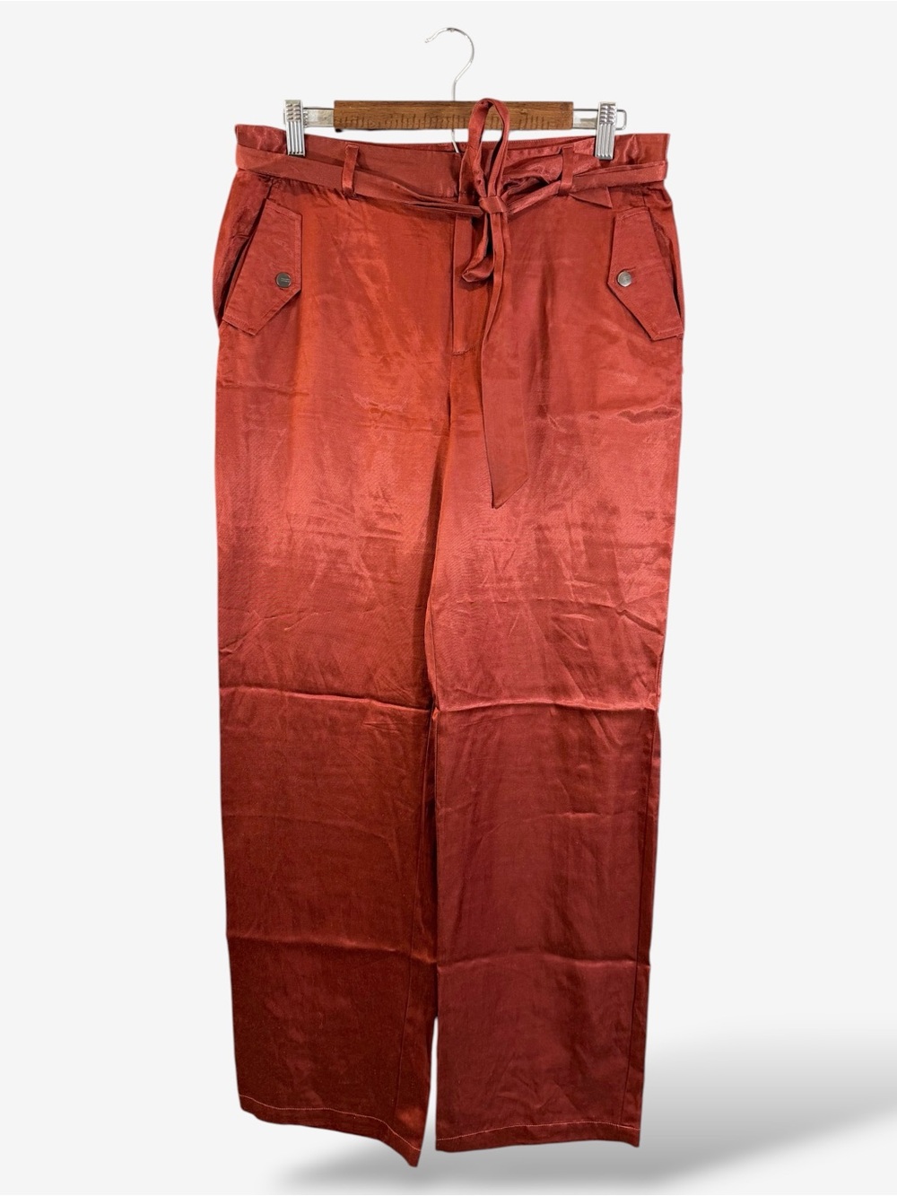 Scotch & Soda Rust Red Satin Trouser Size M Belted Waist Wide Leg Casual Evening